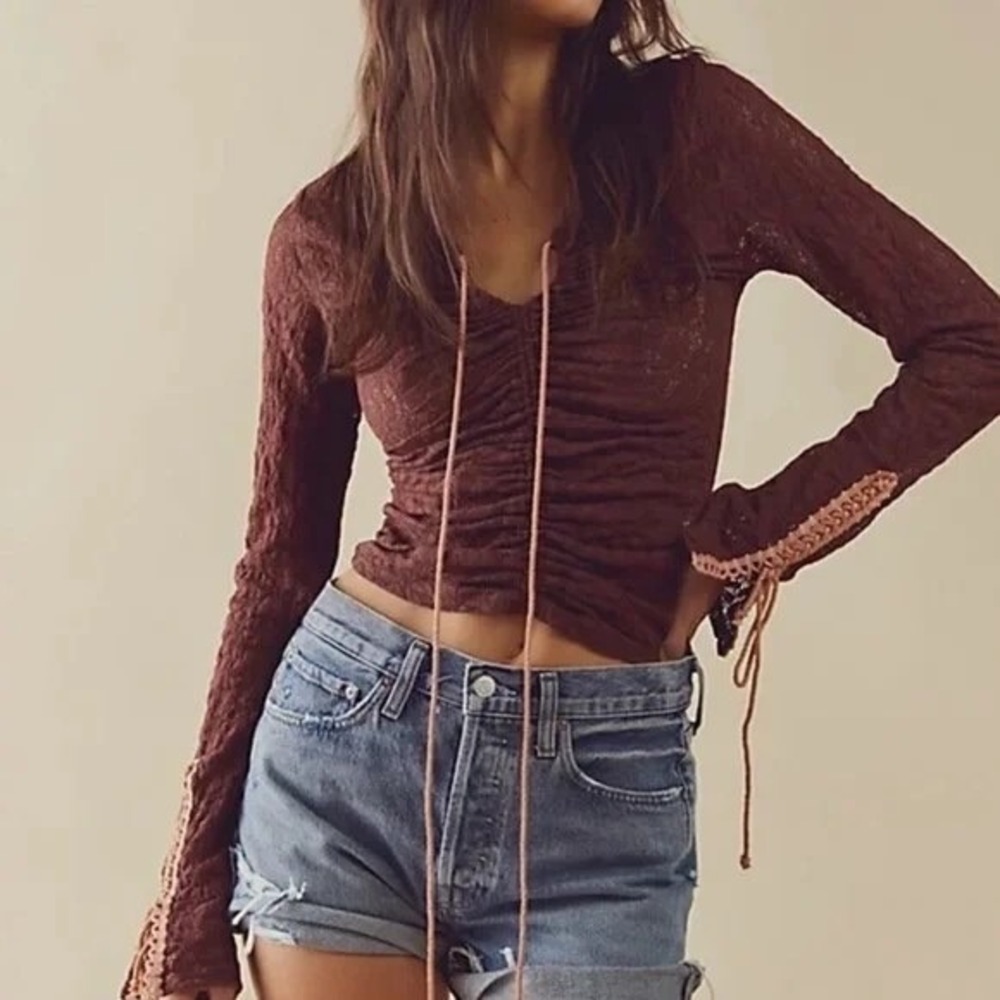 Free People Lilah Lace Top Ruched Keyhole Long Sleeve Boho Brown Size Medium
